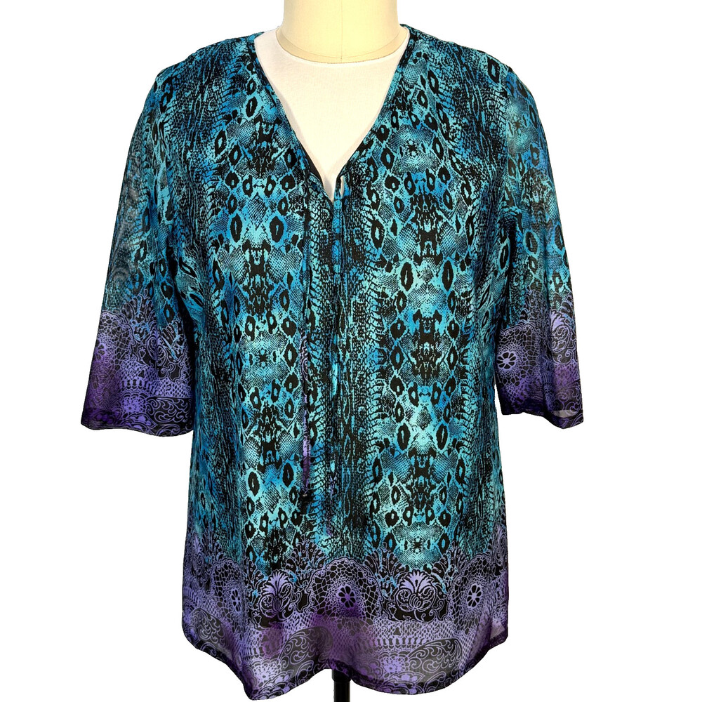 Avenue Tunic Blouse Women's 22/24 Teal Purple Brocade Animal Notch Neck 1/2 Slve